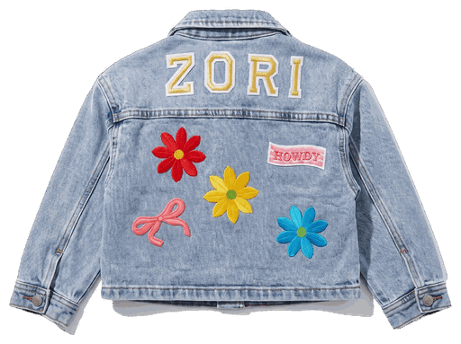 Denim jacket with custom chainstitch and patch application