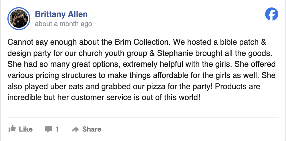 A Facebook recommendation from Brittany Allen about a bible patch and design party
