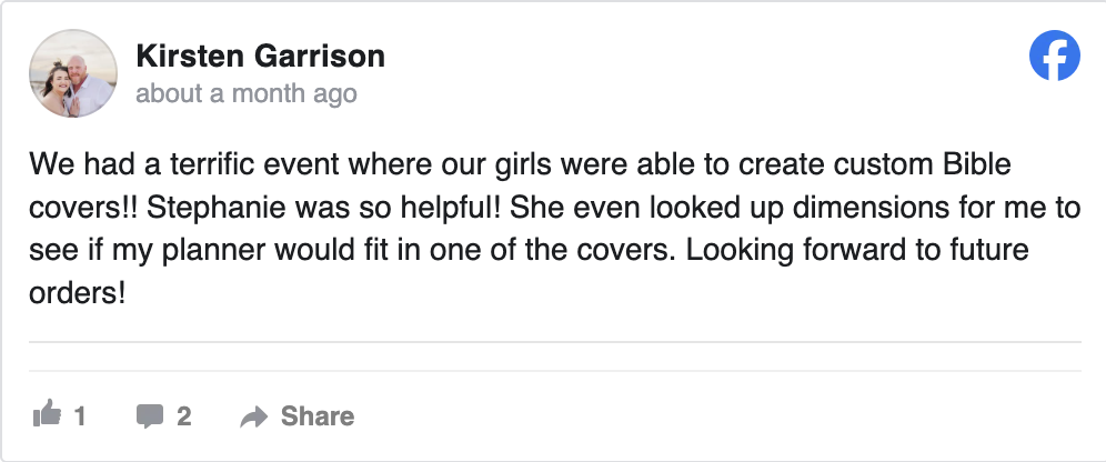 A Facebook recommendation from Kirsten Garrison about an event making custom bible covers