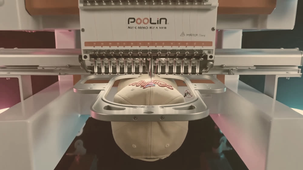 A cap clamped in an embroidery machine's hoop while the needle bars run
